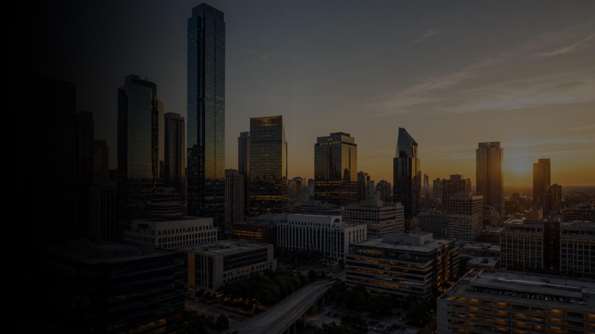 Downtown skyline of institutional commercial real estate at sunset